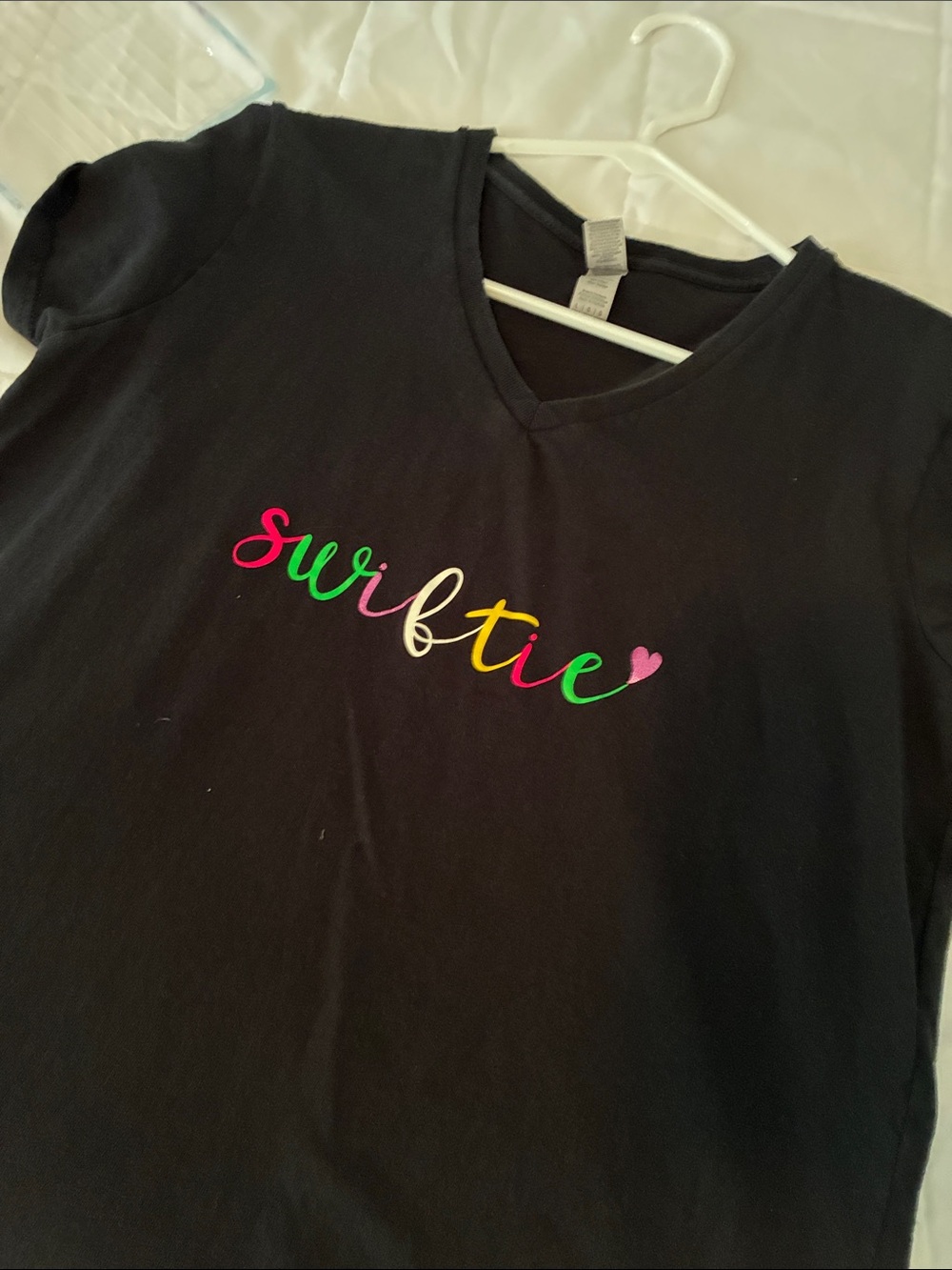 Black "Swiftie" ladies V‑Neck T‑Shirt with Rainbow Script